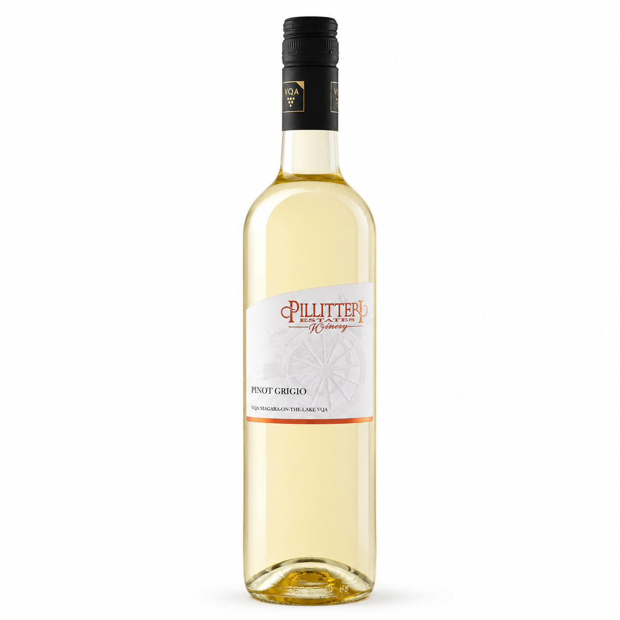 A bottle of Pillitteri Estates Winery Pinot Grigio white wine, featuring a pale yellow liquid, a white label with red and black text, and a black screw cap, set against a plain white background.