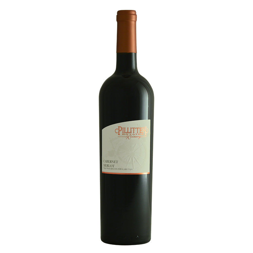 A bottle of Pillitteri Estates Winery  Cabernet Merlot red wine, featuring a dark glass bottle with a copper-colored foil capsule and a cream-colored label, set against a plain white background.