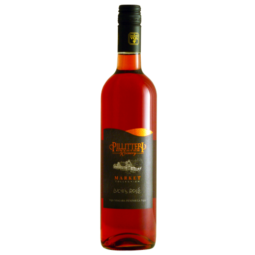 A bottle of Pillitteri Estates Winery Market Collection Lucia's Rose red wine, showing the amber liquid and dark label against a white background.