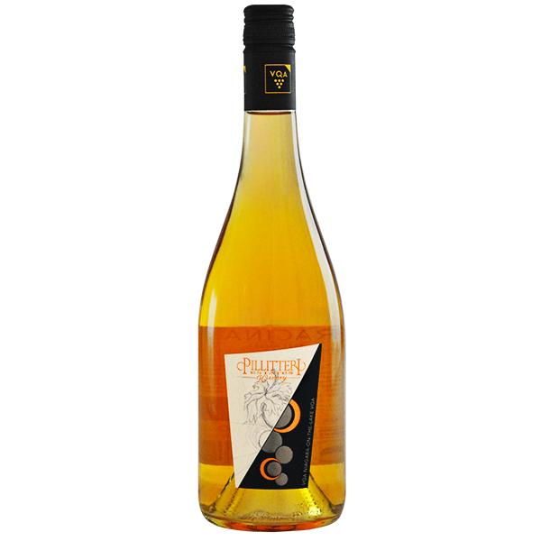A bottle of 2021 Racina Ambra, Skin Fermented Gewurztraminer Viognier white wine with a yellow label and a golden hue visible through the glass.