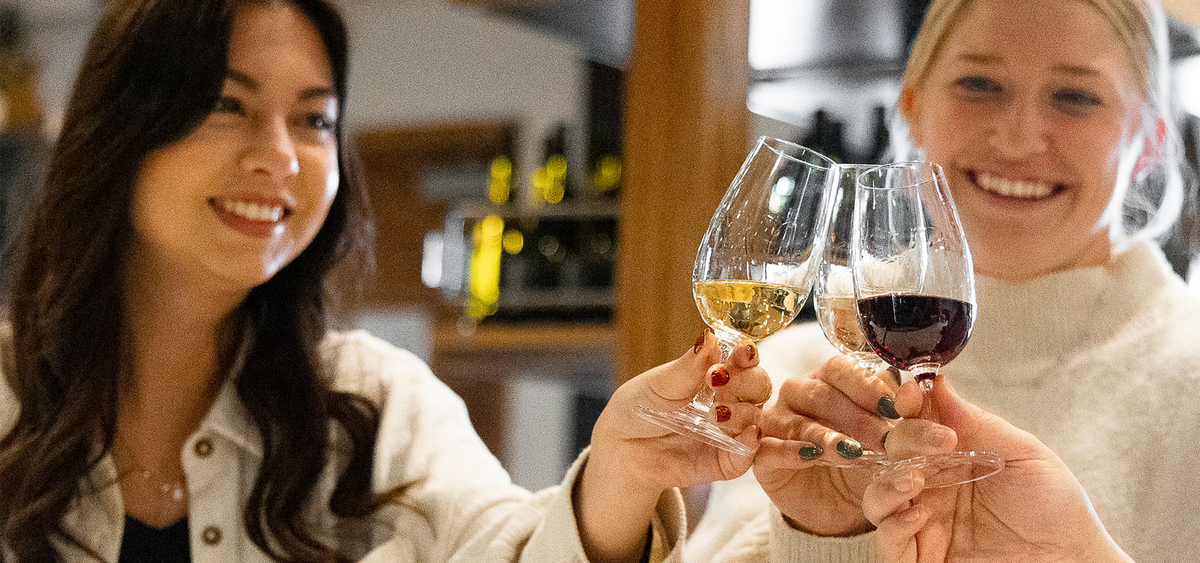 Two women smiling and clinking wine glasses in a warm indoor setting, with one glass containing white wine and the other containing red wine.