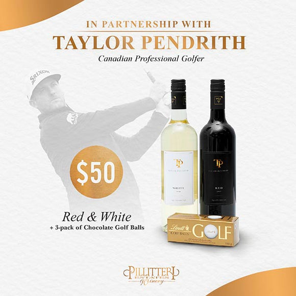 Taylor Pendrith Gift Pack with 1 bottle each of red and white and a sleeve of Lindt Chocolate Golf Balls