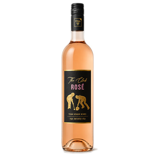 A bottle of Rosé wine with a black cap and a black label featuring gold and pink text, set against a plain white background.