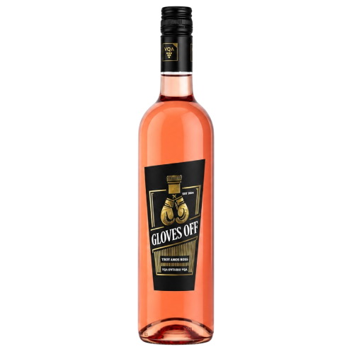 A bottle of Gloves Off rosé wine with a black label featuring gold boxing gloves and text, filled with pinkish-rose liquid, on a plain white background.