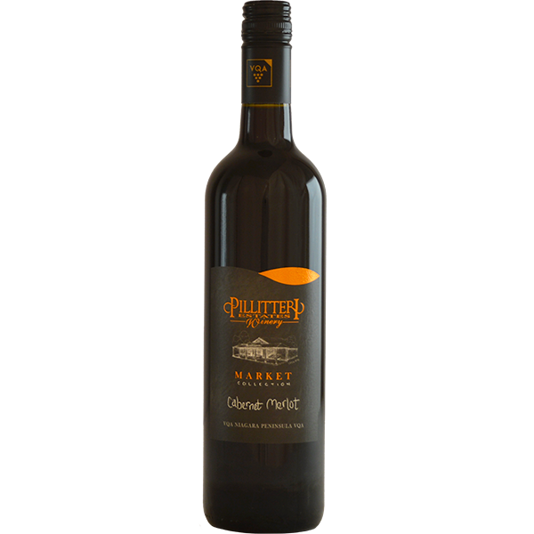 A bottle of Pillitteri Estates Winery's Market Collection Cabernet Merlot wine with a label that includes the brand name and the name of the wine variety.