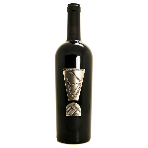 A bottle of 2020 Exclamation Cabernet Franc wine with a deep ruby color, showcasing a label with an exclamation mark and some vineyard imagery.