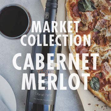 A promotional image featuring a bottle of white wine labeled 'Pillitteri' with the text 'MARKET COLLECTION CABERNET MERLOT' overlayed. There are glasses of wine and snacks in the background, suggesting a social wine tasting setting.