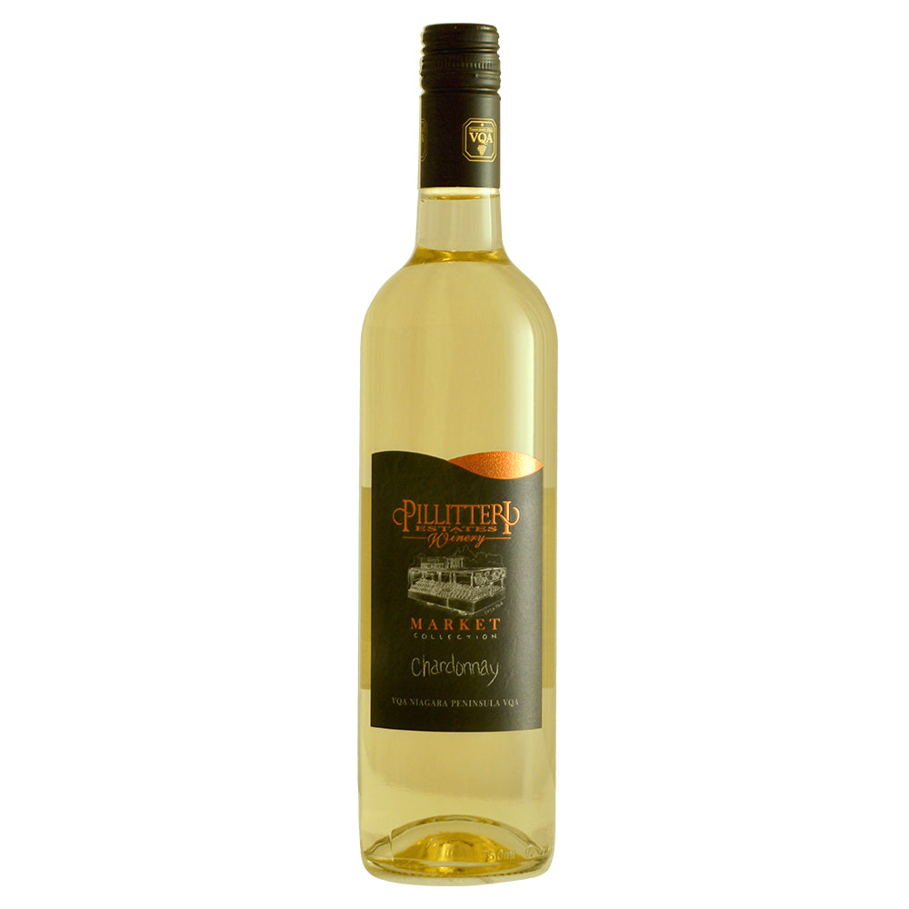 Bottle of Pillitteri Market Collection Chardonnay wine with a label that includes the brand name and the variety of the wine. The bottle is filled with a clear, golden liquid.