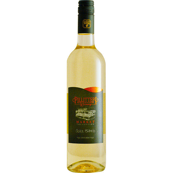 A bottle of Pillitteri Estates Winery's 2023 Market Collection Dolce Bianco wine with a label that includes the name and the Niagara Wine Region logo.