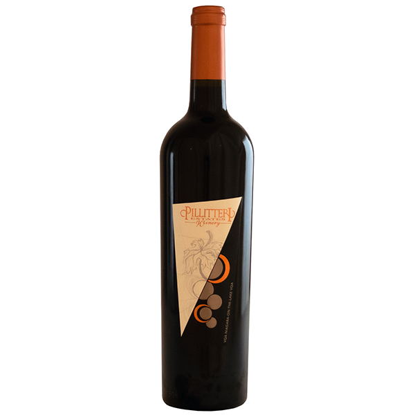 A bottle of Pillitteri Estates Winery's 2019 Racina Twice Pressed wine with a label featuring a graphic of grapes and wine making elements.