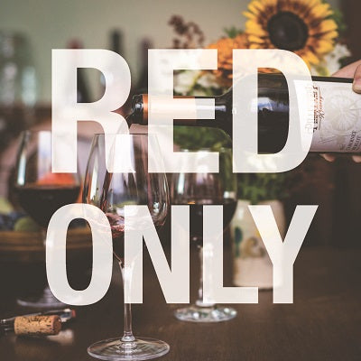 The image shows two bottles of wine with the text 'RED ONLY' prominently displayed in the center. It's designed to represent the Curated Wine Club 