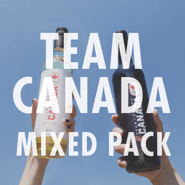 A graphic image showing two bottles of wine, one white and one red, with the text 'TEAM CANADA MIXED PACK' prominently displayed, set against a wooden backdrop.