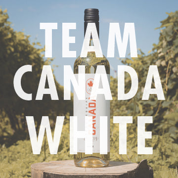 A graphic image showing two bottles of wine, one white and one red, with the text 'TEAM CANADA White' prominently displayed, set against a wooden backdrop.