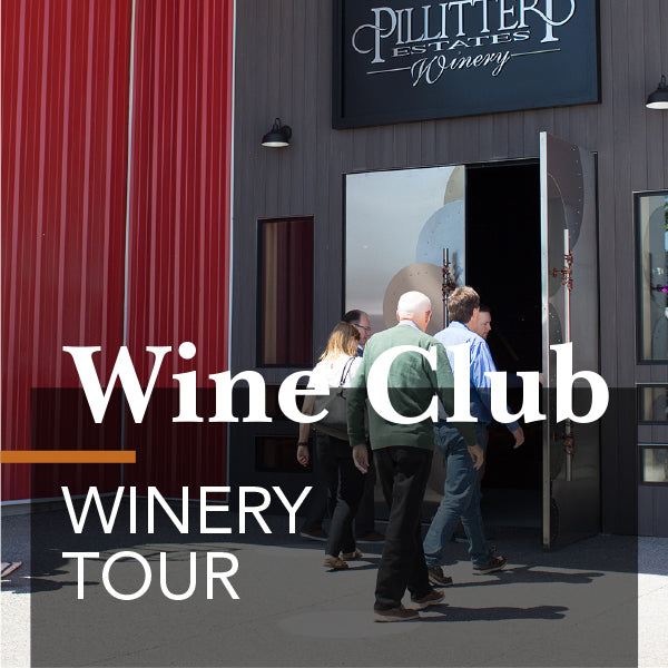 A group of people walking into a winery, with the name 'PILLITTERI ESTATES WINERY' visible on the building's sign. The text 'WINE CLUB WINERY TOUR' is also present, indicating the type of tour being offered.