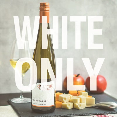 The image shows two bottles of wine with the text 'WHITE ONLY' prominently displayed in the center. It's designed to represent the Curated Wine Club 